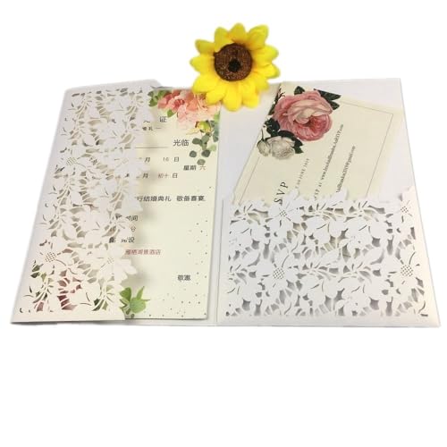 ZMCGNO 50 lasergeschnittene dreifach gefaltete Hochzeitseinladungskarten mit grünen und blauen Blättern, personalisierte Blatttasche, Einladungshülle(White1,Laser Cover only) von ZMCGNO