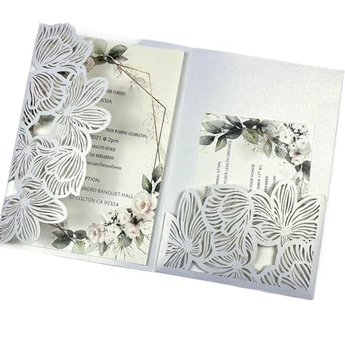 ZMCGNO 50 lasergeschnittene dreifach gefaltete Hochzeitseinladungskarten mit grünen und blauen Blättern, personalisierte Blatttasche, Einladungshülle(White2,Cover and Envelope) von ZMCGNO