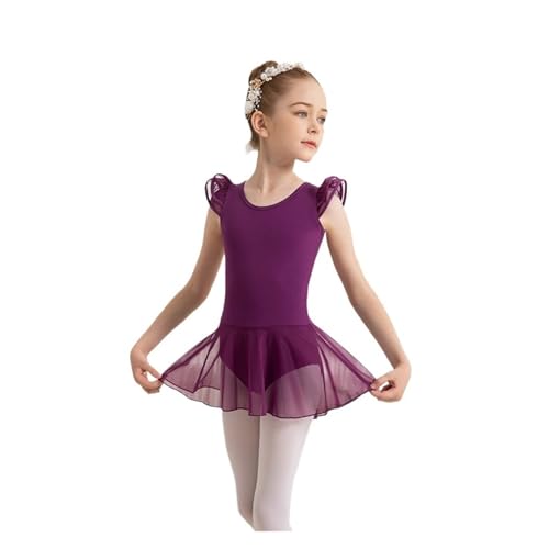 ZMCGNO Mädchen Ballettanzug mit Hohlrücken, Netzstoff, High-Low-Rock, Rüschenärmel, Tanzbekleidung(Dark Purple,M) von ZMCGNO
