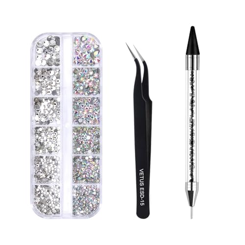 ZMCGNO Nagel-Strasssteine ​​in verschiedenen Größen, 3D-Kristalle AB, DIY-Nagelkunst-Dekorationen, Diamant-Edelstein-Glitzernägel, Punktbohrstift, Make-up-Steine(Black Set) von ZMCGNO
