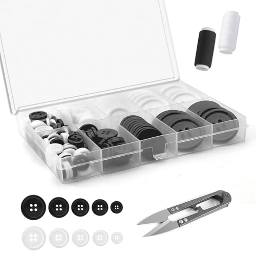 160 Stück Schwarze Weiße Knöpfe 4 Loch Harz Nähen Knöpfes Runde Basteln Aufbewahrungsbox 5 Größen Nähknöpfe Bastelknöpfe für Blazer Stricken Kardigans DIY Handwerk 10mm/12,7mm/15,2mm/20mm/25,4mm von ZMDMAH