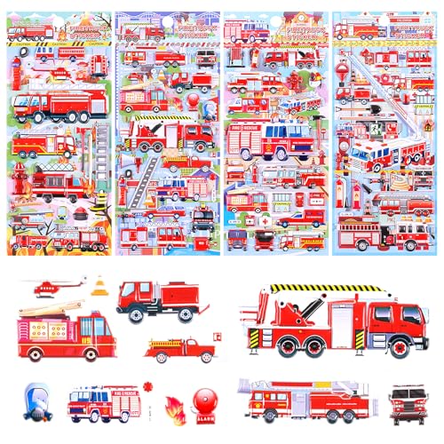 ZMDMAH 4 Blätter 3D Feuerwehr Sticker Kinder, Puffy Aufkleber Kinder Sticker Set, Feuerwehr Aufkleber Junge Mädchen, Aufklebers für Belohnungssticker Party Kindergeburtstag Gastgeschenke von ZMDMAH