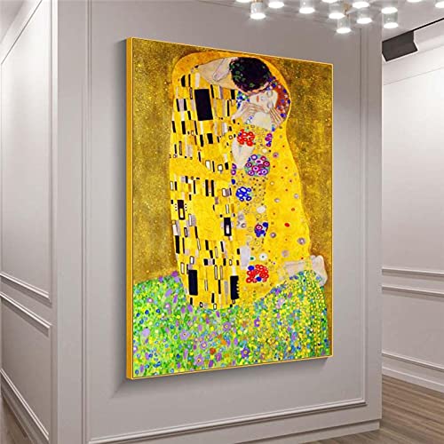 Berühmte Kunst Leinwand Poster und Drucke Gustav Klimt Der Kuss Ölgemälde Druck auf Leinwand Kunstbilder für Wohnzimmer 30x50cm (12x20in) Mit Rahmen von ZMFBHFBH