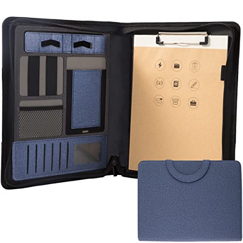 Leder-Padfolio-Portfolio mit [Reißverschluss] [Griff] [4-Ringbuch] und [Klemmbrett], Business-Konferenz-Organizer, Notizblock, Ordnertasche für Damen/Herren (ohne Batterie, blau) von ZMHQLPDZ