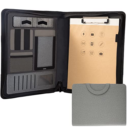 Padfolio-Ordner mit Reißverschluss, A4, multifunktionale Portfolio-Leder-Kombination, mit Notebook, Taschenrechner, Notizblock-Tasche für Damen/Herren (ohne Taschenrechner, hellgrau) von ZMHQLPDZ