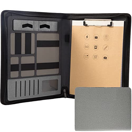 Padfolio Portfolio mit Reißverschluss und Klemmbrett – Leder Business Portfolio Organizer – Portfolio mit Reißverschluss für Damen und Herren (ohne Batterie, Hellgrau) von ZMHQLPDZ