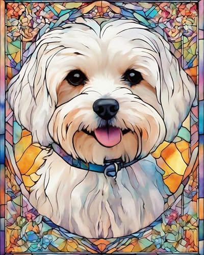 Malen nach Zahlen DIY Handgemalt Ölgemälde Kits für Erwachsene Anfänge Malteser-Hund-Buntglas-Stil Malen Nach Zahlen Kits für Geschenk Home Deko 40x50cm(Rahmenlos) von ZMHZMY