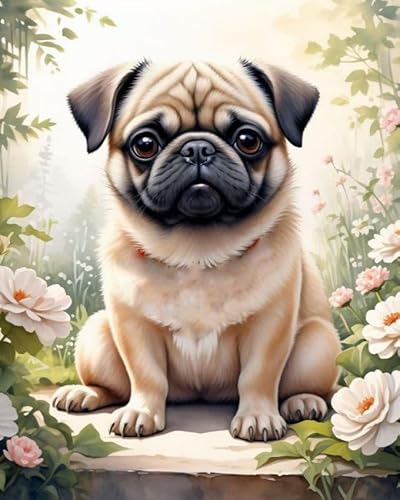 Malen nach Zahlen Erwachsene, Mops und Blumen DIY Handgemalt Ölgemälde Kits auf Leinwand Geschenk für Weihnachten Geburtstag Home Haus Deko - Ohne Rahmen Malen nach Zahlen Erwachsene, Mops und Blumen DIY Handgemalt Ölgemälde Kits auf Leinwand Geschenk für Weihnachten Geburtstag Home Haus Deko - Ohne Rahmen von ZMHZMY