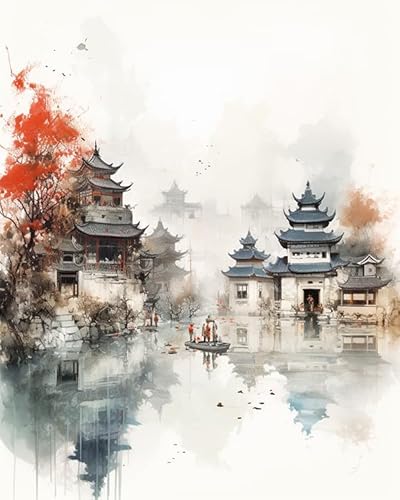 Malen nach Zahlen Erwachsene - DIY Malen Nach Zahlen Chinesische Tuschemalerei-Landschaft -Vorgedruckt Leinwand-Ölgemälde Geschenk für Erwachsene Kits Home Haus Dekor,40x50cm von ZMHZMY