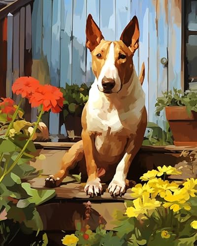 Malen nach Zahlen für Erwachsene,Anfänger auf Leinwand, Bullterrier-Hund im Garten,handgefertigtes Ölgemälde-Set für die Wanddekoration zu Hause 40x50 cm Malen nach Zahlen für Erwachsene,Anfänger auf Leinwand, Bullterrier-Hund im Garten,handgefertigtes Ölgemälde-Set für die Wanddekoration zu Hause 40x50 cm von ZMHZMY