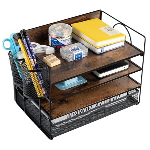 ZNMYDMT 4-stufiger Schreibtisch-Organizer und Zubehör, Papier-Briefablage-Organizer, Vintage-Holz-Schreibtisch-Akten-Organizer mit Schublade und 2 Stifthaltern für Schule, Zuhause, Bürobedarf von ZNMYDMT