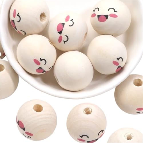 10 Stück natürliche Farbe, runde Holzperlen, süße Katzen-Lächeln-Gesichtsperlen for die Schmuckherstellung, DIY-Handarbeiten, Bastelzubehör Für Makramee Basteln(Color 1) von ZNTIHZ