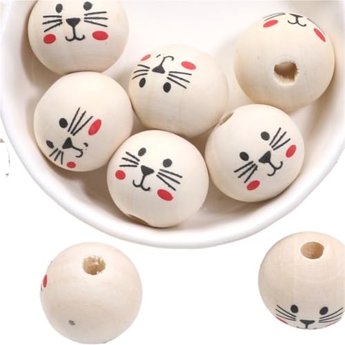10 Stück natürliche Farbe, runde Holzperlen, süße Katzen-Lächeln-Gesichtsperlen for die Schmuckherstellung, DIY-Handarbeiten, Bastelzubehör Für Makramee Basteln(Color 2) von ZNTIHZ
