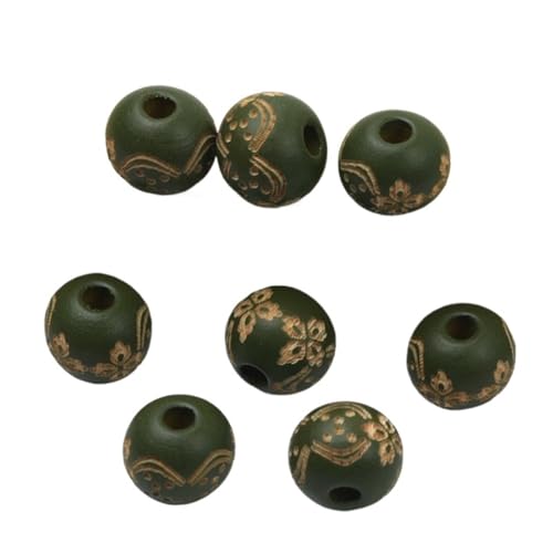 Natürliche Holzperlen, Lose Farbige Holzperlen, Geschnitztes Dekoratives Muster, Runde Kugeln, Perlen Zur Schmuckherstellung, DIY-Zubehör Für Makramee Basteln(Dark Green 2) von ZNTIHZ