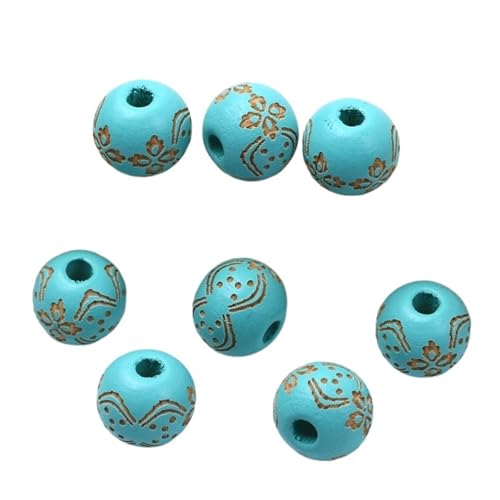 Natürliche Holzperlen, Lose Farbige Holzperlen, Geschnitztes Dekoratives Muster, Runde Kugeln, Perlen Zur Schmuckherstellung, DIY-Zubehör Für Makramee Basteln(Light Blue 2) von ZNTIHZ
