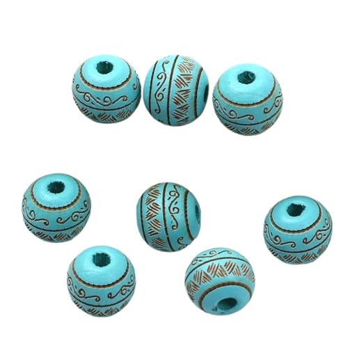 Natürliche Holzperlen, Lose Farbige Holzperlen, Geschnitztes Dekoratives Muster, Runde Kugeln, Perlen Zur Schmuckherstellung, DIY-Zubehör Für Makramee Basteln(Light blue) von ZNTIHZ