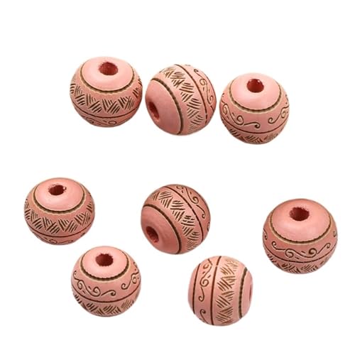 Natürliche Holzperlen, Lose Farbige Holzperlen, Geschnitztes Dekoratives Muster, Runde Kugeln, Perlen Zur Schmuckherstellung, DIY-Zubehör Für Makramee Basteln(Pink) von ZNTIHZ