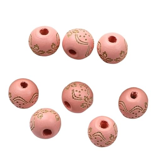 Natürliche Holzperlen, Lose Farbige Holzperlen, Geschnitztes Dekoratives Muster, Runde Kugeln, Perlen Zur Schmuckherstellung, DIY-Zubehör Für Makramee Basteln(Pink 2) von ZNTIHZ