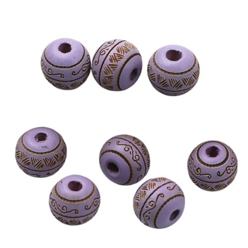 Natürliche Holzperlen, Lose Farbige Holzperlen, Geschnitztes Dekoratives Muster, Runde Kugeln, Perlen Zur Schmuckherstellung, DIY-Zubehör Für Makramee Basteln(Purple) von ZNTIHZ