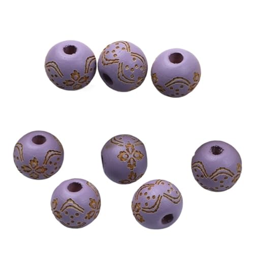Natürliche Holzperlen, Lose Farbige Holzperlen, Geschnitztes Dekoratives Muster, Runde Kugeln, Perlen Zur Schmuckherstellung, DIY-Zubehör Für Makramee Basteln(Purple 2) von ZNTIHZ