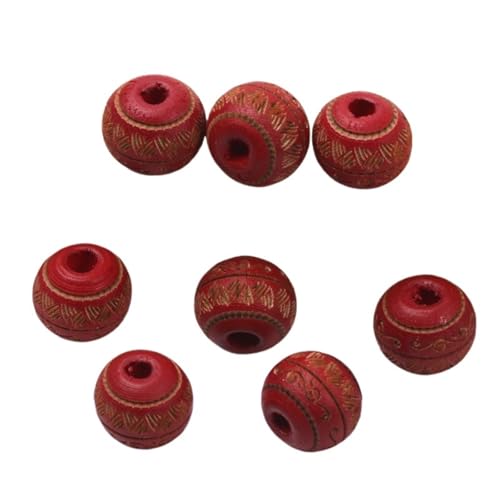 Natürliche Holzperlen, Lose Farbige Holzperlen, Geschnitztes Dekoratives Muster, Runde Kugeln, Perlen Zur Schmuckherstellung, DIY-Zubehör Für Makramee Basteln(Red) von ZNTIHZ