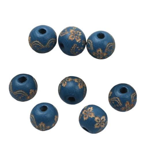 Natürliche Holzperlen, Lose Farbige Holzperlen, Geschnitztes Dekoratives Muster, Runde Kugeln, Perlen Zur Schmuckherstellung, DIY-Zubehör Für Makramee Basteln(Royal Blue 2) von ZNTIHZ