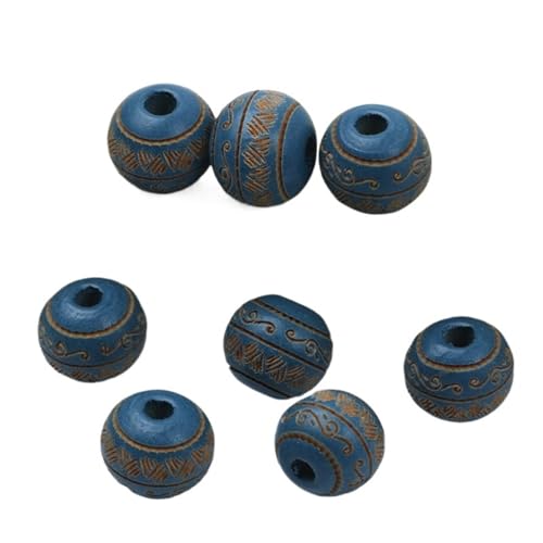 Natürliche Holzperlen, Lose Farbige Holzperlen, Geschnitztes Dekoratives Muster, Runde Kugeln, Perlen Zur Schmuckherstellung, DIY-Zubehör Für Makramee Basteln(Royal blue) von ZNTIHZ