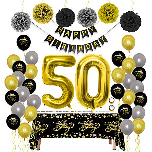 Geburtstag Dekoration Schwarz Gold Set, Geburtstagsdeko mit Happy Birthday Banner Luftballon Tischdecke PomPom Folienballon Buchstaben 50 für Männer frau Papa Mama Vater Mutter Opa Oma 50er Party Deko von ZNZ
