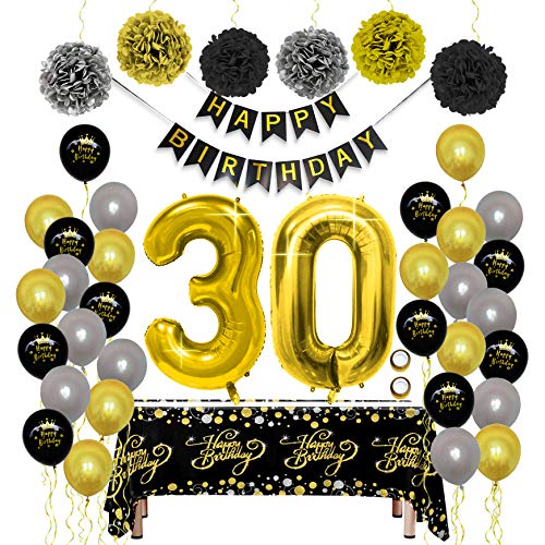 Geburtstag Dekoration Schwarz Gold Set, Geburtstagsdeko mit Happy Birthday Banner Luftballon Tischdecke PomPoms Ballon Buchstaben 30 für Männer frau Papa Mama Vater Mutter 30er Birthday Party Deko von ZNZ