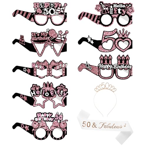 ZOCONE 10 Stück Foto-Requisiten, lustige rosa Papierbrillen, Geburtstags-Tiara und Schärpe für Frauen, Happy 50th Birthday, Party-Dekorationen, Selfie-Zubehör, Fotoautomaten-Party-Requisiten ZOCONE 10 Stück Foto-Requisiten, lustige rosa Papierbrillen, Geburtstags-Tiara und Schärpe für Frauen, Happy 50th Birthday, Party-Dekorationen, Selfie-Zubehör, Fotoautomaten-Party-Requisiten von ZOCONE
