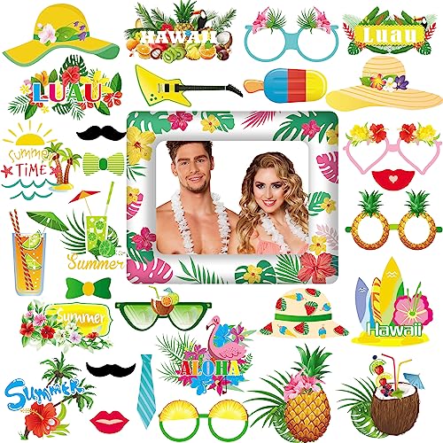 ZOCONE 29 Stück Hawaiian Photo Booth Zubehör, Zubehör für lustige Fotos Hawaii Foto Props Booth Fotokabine Stütze Rahmen Requisiten Kit für Party Hochzeit Gadget Sommerparty von ZOCONE