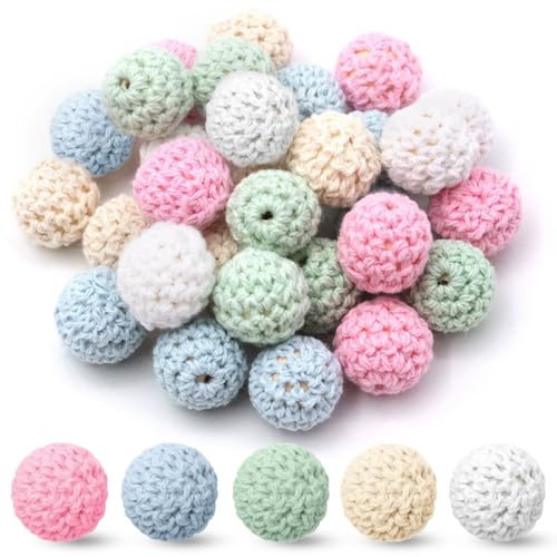ZOCONE 30pcs Gehäkelt Holzperlen, Häkelperlen 16 mm Bunte Garn Holzkugeln Mit Fädellöchern Handgefertigte Holzkugeln Für DIY Halskette Armband Häkelperlen (Hellblau) von ZOCONE