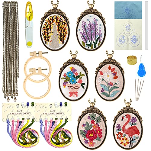 ZOCONE 6 Packungen Stickerei-Halsketten-Set, Stickerei-Anhänger-Set, Mini-Kreuzstich-Set mit 4 Reifen, Halskette, Anhänger, geprägtes Muster, Tuch, Anleitung usw., Stickset für Erwachsene von ZOCONE