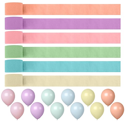 ZOCONE Krepppapier 6 Rollen 150 m, Kreppbänder Regenbogen, 12 Makronen-Ballons,Creppapier Luftschlangen Deko Für Partydeko, Geburtstagsdeko, Hochzeiten(4.5 cm X 25 m) von ZOCONE