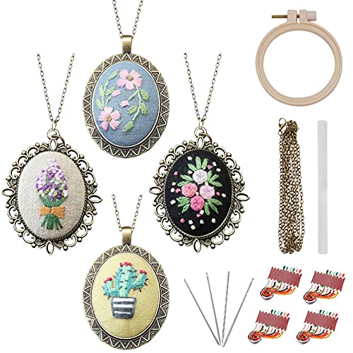 ZOCONE Stickerei-Ornament, 4-teiliges Set, bestickte Anhänger, Blumenstickerei, Halskette, Ohrringe, Handnähen, Schmuck, kreative Geschenke für Kunst, Handwerk, Nähen und Aufhängen (Set B) von ZOCONE