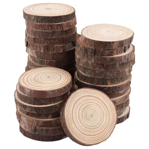 ZOENHOU 50 Stück Holzscheiben, 7-8cm Baumscheiben mit Rinde, 1cm Dicke Natürliche Kiefernholzscheiben zum Basteln, Rund Holz Log Scheiben für DIY Projekte und Hochzeit, Weihnachten Dekoration von ZOENHOU