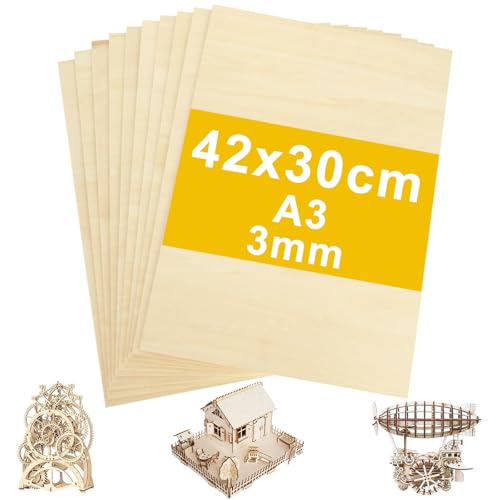 ZOFUN 10 Stück A3 Sperrholz-Blätter, unlackiert, 3 mm Holzplatten, 420 x 300 mm Lindenholz-Blätter für Holz-DIY-Projekte, Heimdekoration, Kunsthandwerk, Malerei, Laserschneiden, Gravur, Modellbau von ZOFORTY