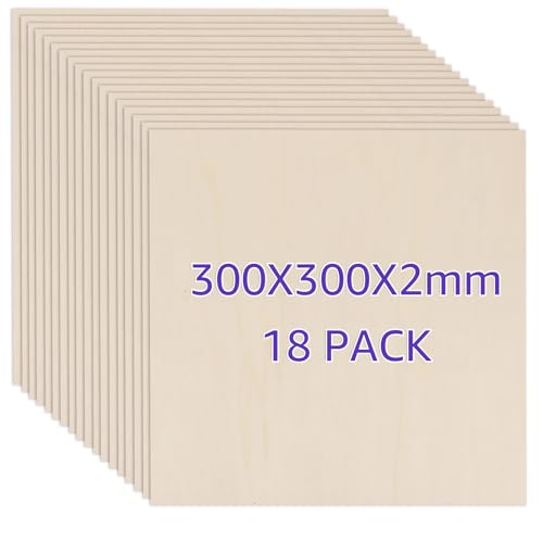 ZOFUN 18 Stück Sperrholzplatte 2mm, 300x300MM Sperrholz Pappelsperrholz, Unbehandeltes Holz, Balsaholzplatten, Holzplatten zum Basteln für DIY Kunst und Handwerk, Laserprojekte, Hohlgravuren von ZOFUN
