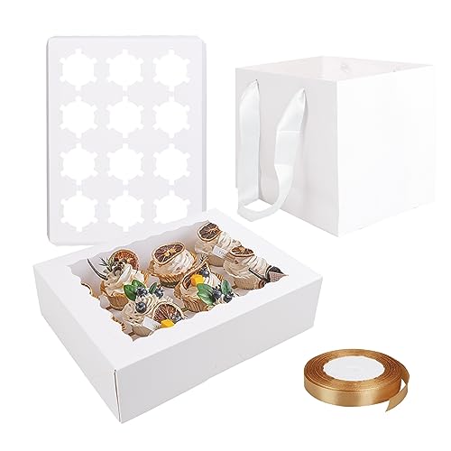 ZOFUN Cupcake-Schachteln mit 12 Löchern, 12 Kuchen-Boxen mit Papiertüten und champagnerfarbenem Band, weiße Cupcake-Boxen mit transparentem Fenster, Papier-Cupcake-Boxen für Cupcakes, Geschenke, 18 ZOFUN Cupcake-Schachteln mit 12 Löchern, 12 Kuchen-Boxen mit Papiertüten und champagnerfarbenem Band, weiße Cupcake-Boxen mit transparentem Fenster, Papier-Cupcake-Boxen für Cupcakes, Geschenke, 18 von ZOFUN