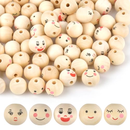 150PCS Holzkugeln mit Gesicht Fünf Ausdrücke,Puppengesicht Runde holzköpfe Natur Holz Bastel-Perlen für DIY Bastelarbeiten Dekorationen, Schmuck Armband Halskette, Sorgenwürmchen, Glückswürmchen20mm von ZOGPLG