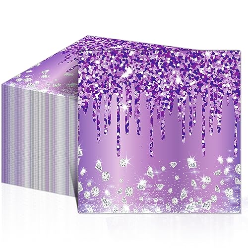 100 Stück lila und silberne Themen-Servietten für Happy Birthday Party Dekorationen Lila Glitzer Diamanten Themed Servietten für Mädchen Frauen Einweg Lila Motto Party Kuchen Tisch Supplies von ZOIIWA