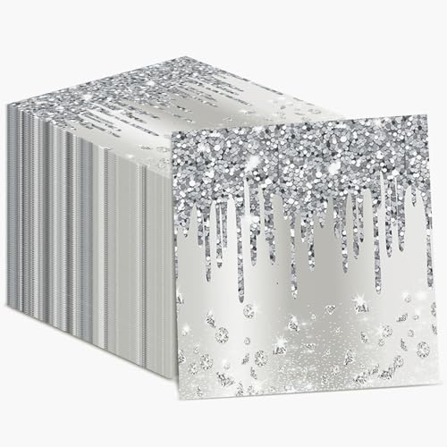 100 Stück silberne Happy Birthday Servietten Silber Party Servietten Supplies Diamant Thema Party Papierservietten Dekorationen Silber Glitzer Party Servietten für Erwachsene Kinder Geburtstag von ZOIIWA