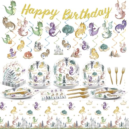 133-teiliges Aquarell-Drachen-Geburtstagsparty-Dekoration, magischer Drachen-Geschirr, hängende Wirbel, Banner-Set, Fantasy-Drachenteller, Servietten, Tischdecke, Geburtstagsparty, Gastgeschenk für 133-teiliges Aquarell-Drachen-Geburtstagsparty-Dekoration, magischer Drachen-Geschirr, hängende Wirbel, Banner-Set, Fantasy-Drachenteller, Servietten, Tischdecke, Geburtstagsparty, Gastgeschenk für von ZOIIWA