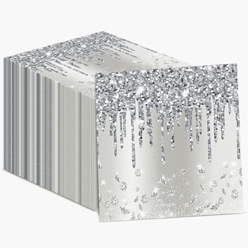 50 Stück silberne Party-Papierservietten Silber Happy Birthday Servietten Zubehör Silber Glitzer Party Servietten Dekorationen Diamant Thema Party Servietten für Erwachsene Kinder Geburtstag Hochzeit von ZOIIWA