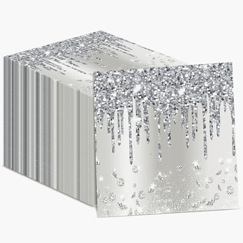 50 Silberfarbene Happy Birthday-Servietten - Glitzer-Party-Dekorationen für Diamant-Themen-Feiern - Für Erwachsene und Kinder von ZOIIWA
