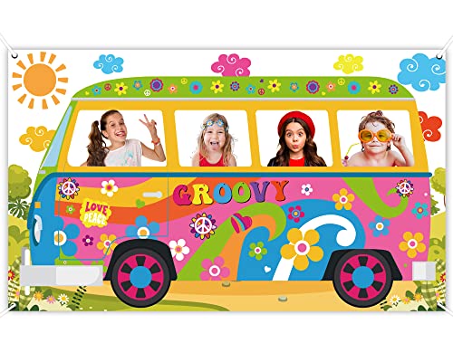 60er Jahre Hippie Bus Foto Requisite – Große Stoff Retro Groovy Van Prop Hippie Selfie Rahmen Hintergrund Banner Geburtstag Party Supplies Retro 60er 70er Jahre Party Favors 65,8 x 35,4 Zoll von ZOIIWA