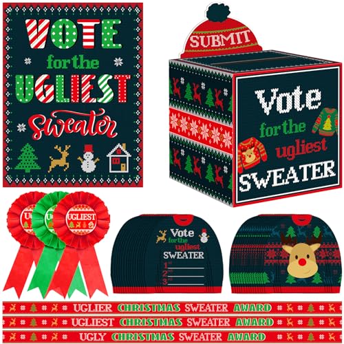 68-teiliges Weihnachts-Wahlkarten-Set mit hässlichen Pullovern, Partyzubehör mit Wahlurne, Auszeichnungsschärpen, Medaillenabzeichen, Trophäenspiele, Dekorationen für Winter, Weihnachten, Urlaub, 68-teiliges Weihnachts-Wahlkarten-Set mit hässlichen Pullovern, Partyzubehör mit Wahlurne, Auszeichnungsschärpen, Medaillenabzeichen, Trophäenspiele, Dekorationen für Winter, Weihnachten, Urlaub, von ZOIIWA