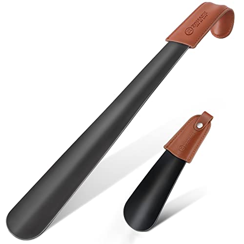 ZOMAKE Schuhlöffel Metall Set 2er - 42cm Lang Schuhanzieher Edelstahl Shoe Horn Schwarz mit Lederband,17cm Klein Schuhlöffel (Black 42&17cm) von ZOMAKE