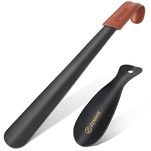 ZOMAKE Schuhlöffel Metall Set 2er, 42cm Schwarz Lang Schuhanzieher Edelstahl Shoe Horn mit Lederband,19cm Schuhlöffel Langer Stabil mit Wandhalterung für Stiefel von ZOMAKE