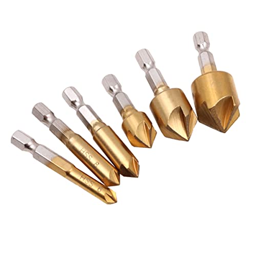 ZONADAH 6-teiliges Set Senkbohrer 5 Flöte 1/4 Zoll Sechskantschaft 90 Grad Titanbeschichtete Kante Fase Fräser Bohrer Größe: 6 mm, 8 mm, 9 mm, 12 mm, 16 mm, 19 mm von ZONADAH